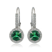 Sterling Silver Created Emerald and White Topaz Round Leverback Earrings