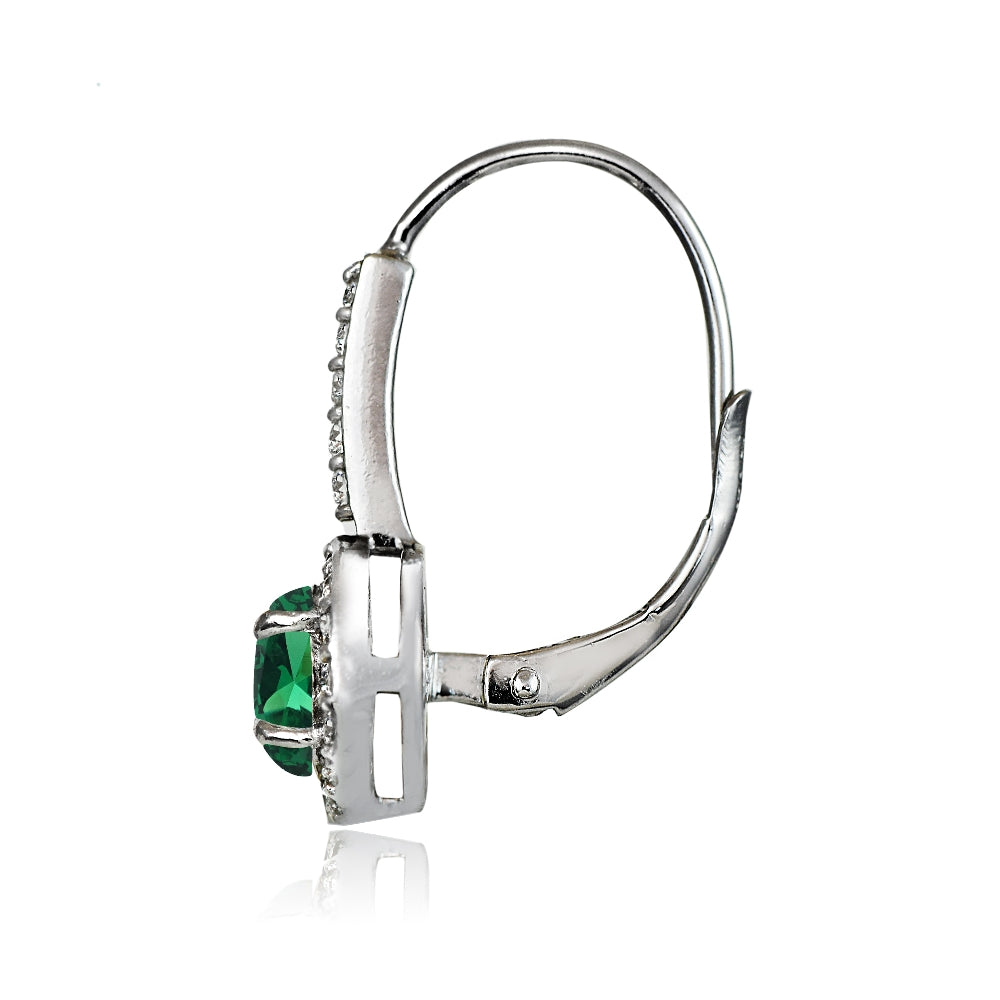 Sterling Silver Created Emerald and White Topaz Round Leverback Earrings-3