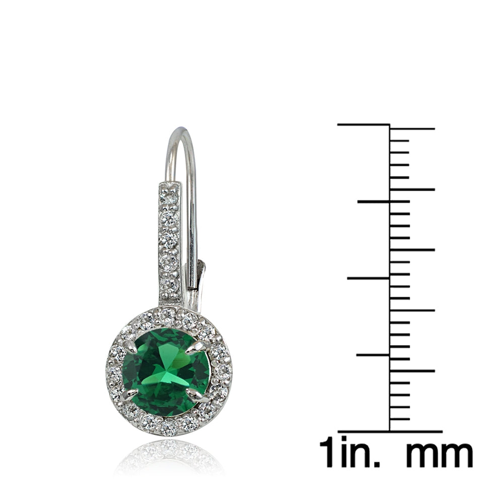 Sterling Silver Created Emerald and White Topaz Round Leverback Earrings-4