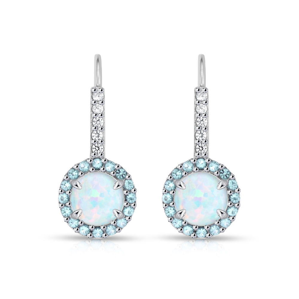 Sterling Silver Created White Opal & Blue Topaz Round  Halo Leverback Earrings