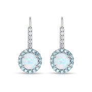 Sterling Silver Created White Opal & Blue Topaz Round  Halo Leverback Earrings