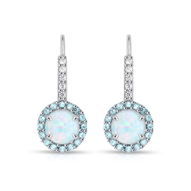 Sterling Silver Created White Opal & Blue Topaz Round  Halo Leverback Earrings