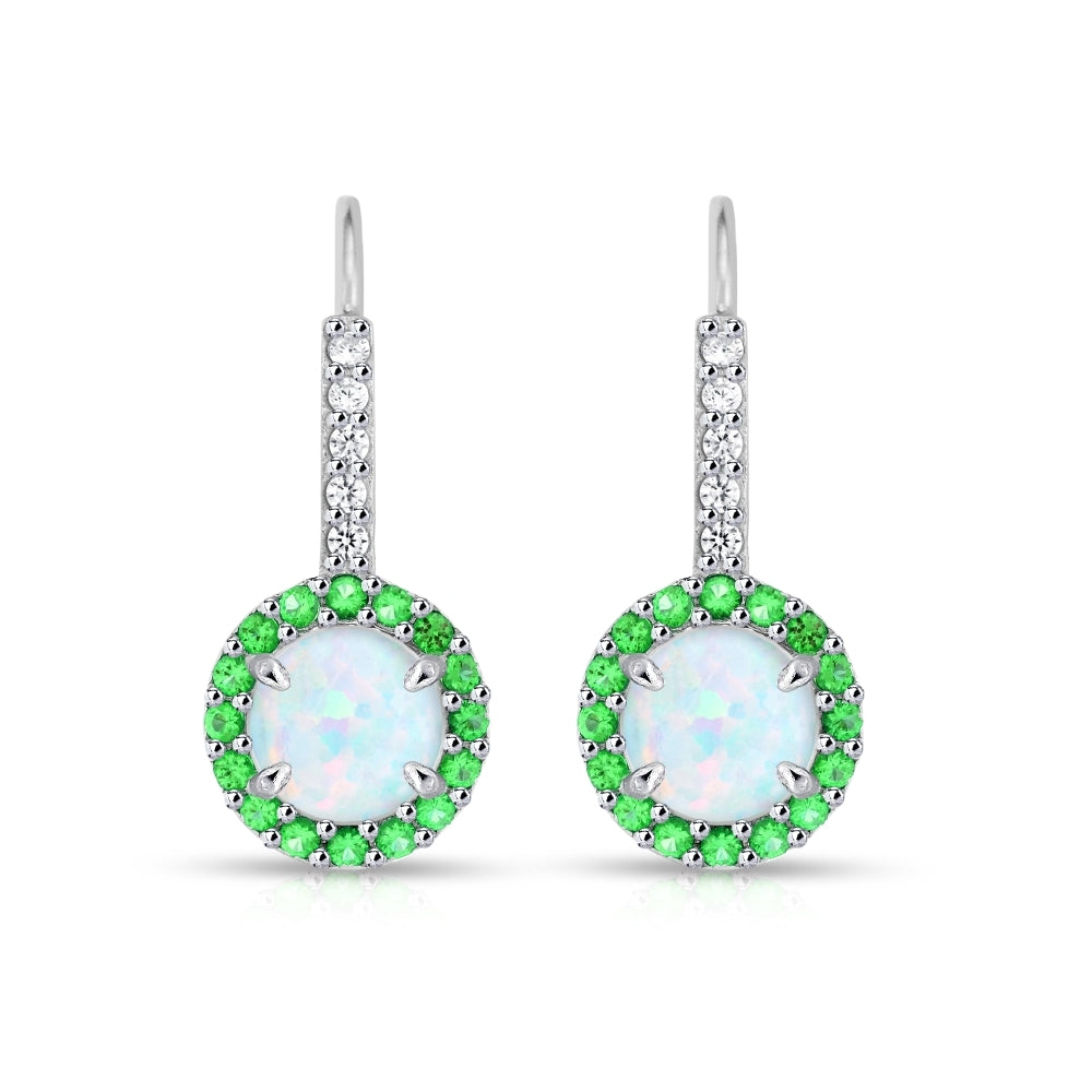 Sterling Silver Created White Opal & Emerald Round  Halo Leverback Earrings