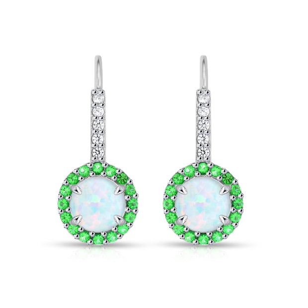 Sterling Silver Created White Opal & Emerald Round  Halo Leverback Earrings