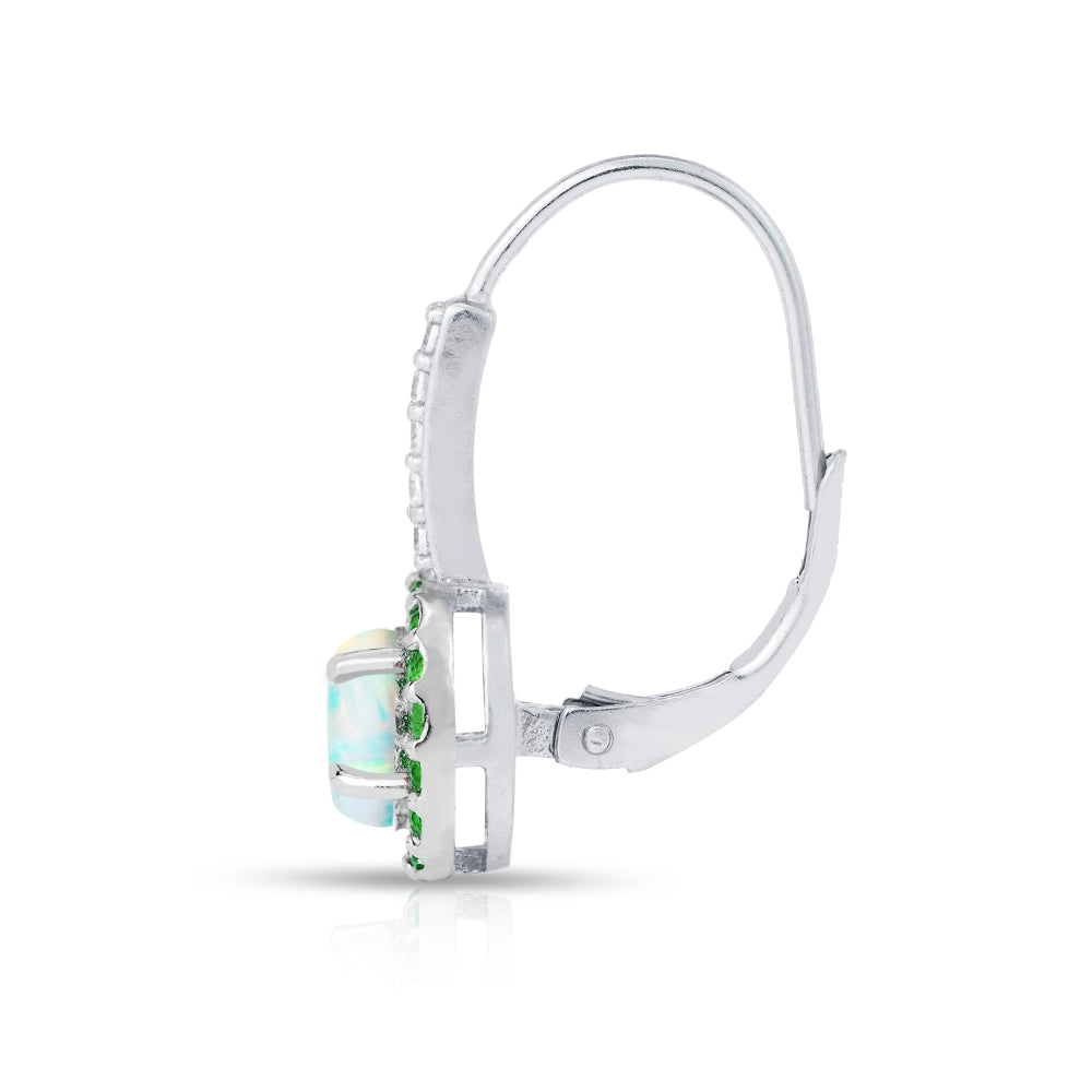 Sterling Silver Created White Opal & Emerald Round  Halo Leverback Earrings-3