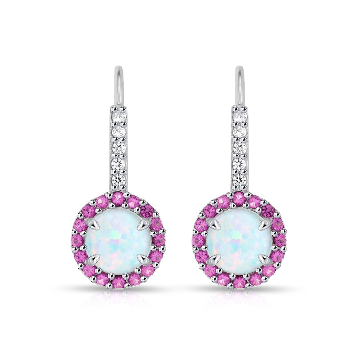 Sterling Silver Created White Opal & Ruby Round  Halo Leverback Earrings