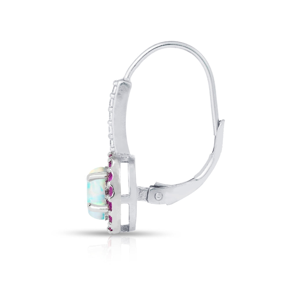 Sterling Silver Created White Opal & Ruby Round  Halo Leverback Earrings-3