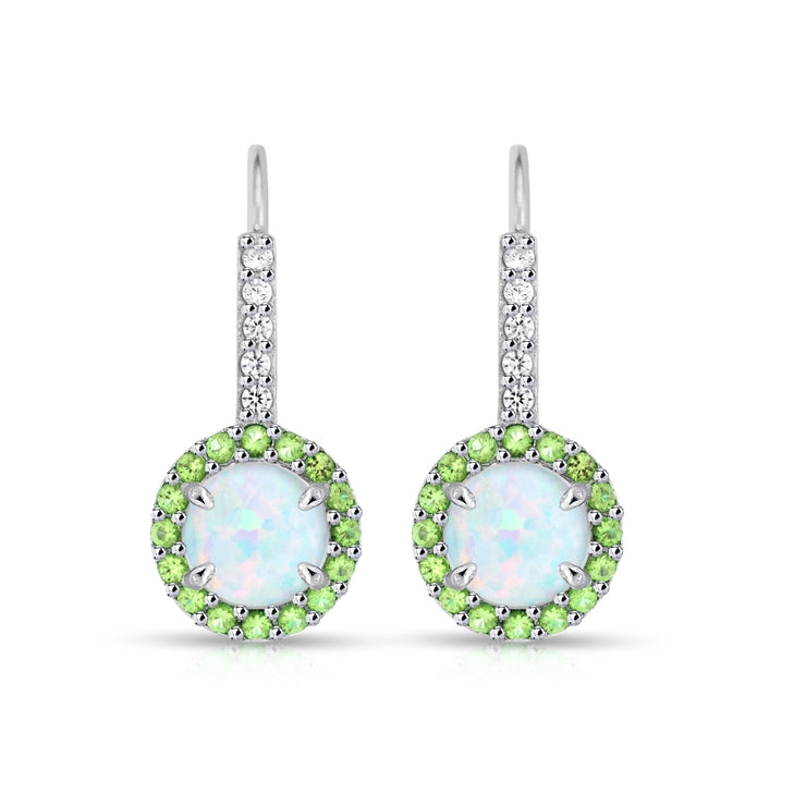 Sterling Silver Created White Opal & Peridot Round  Halo Leverback Earrings