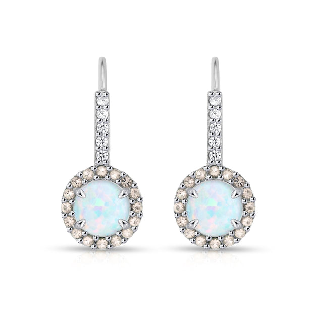 Sterling Silver Created White Opal & Morganite Round  Halo Leverback Earrings