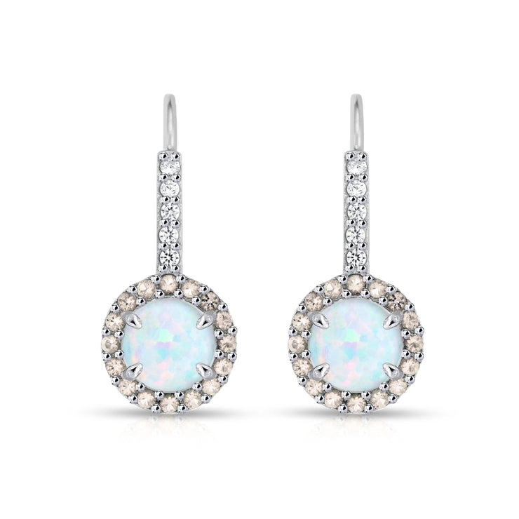 Sterling Silver Created White Opal & Morganite Round  Halo Leverback Earrings