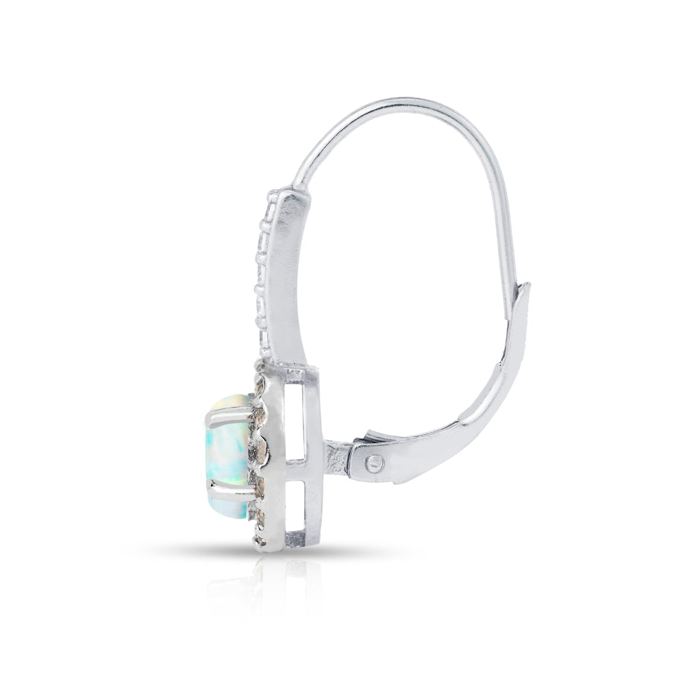 Sterling Silver Created White Opal & Morganite Round  Halo Leverback Earrings-3