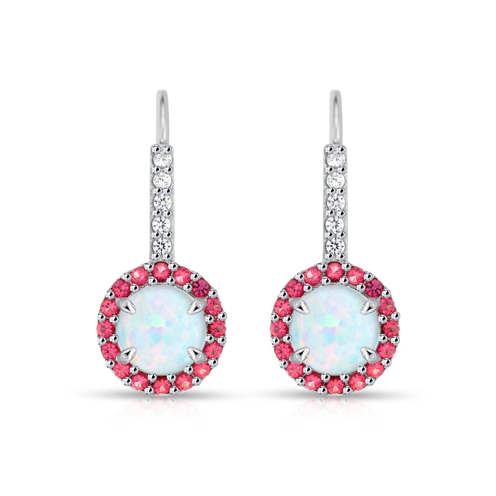 Sterling Silver Created White Opal & Garnet Round  Halo Leverback Earrings