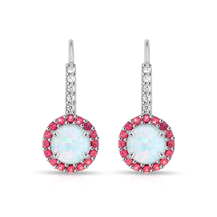 Sterling Silver Created White Opal & Garnet Round  Halo Leverback Earrings