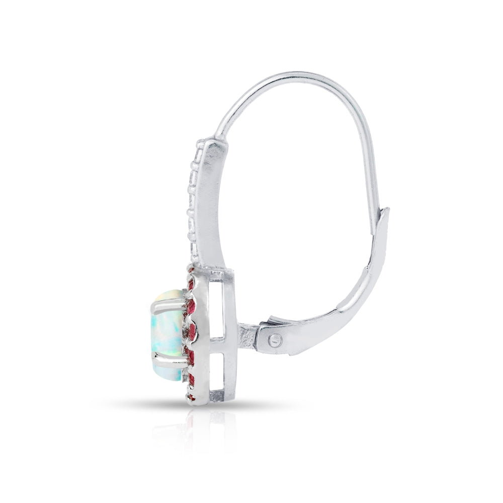 Sterling Silver Created White Opal & Garnet Round  Halo Leverback Earrings-3