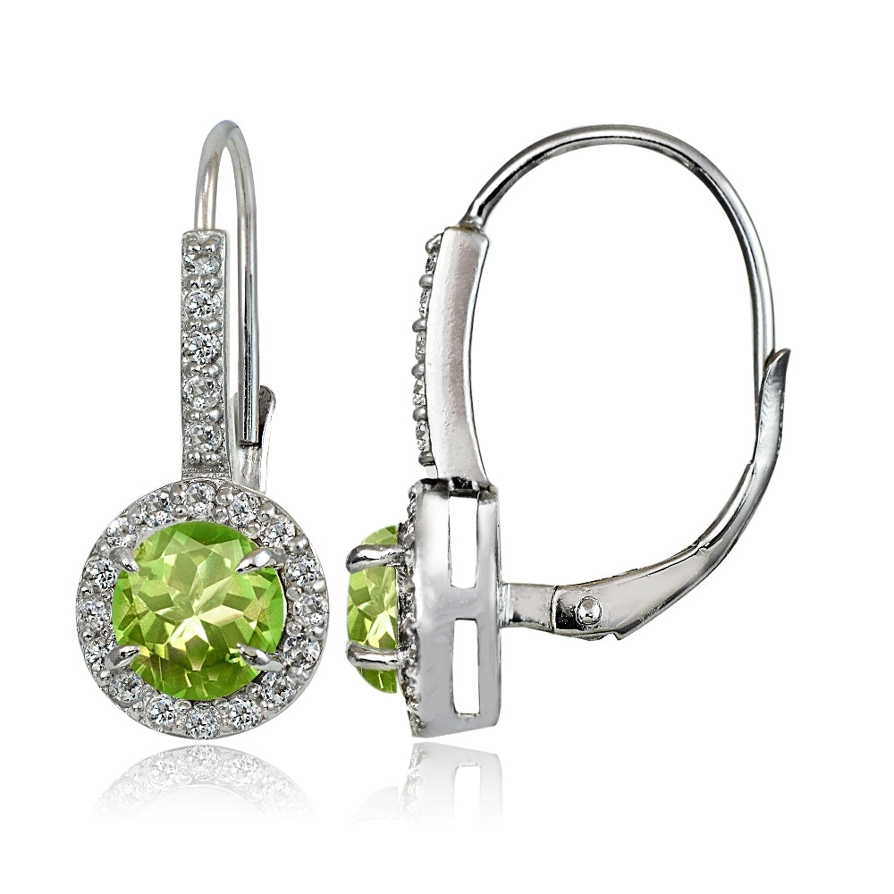 Sterling Silver Peridot and White Topaz Round Leverback Earrings