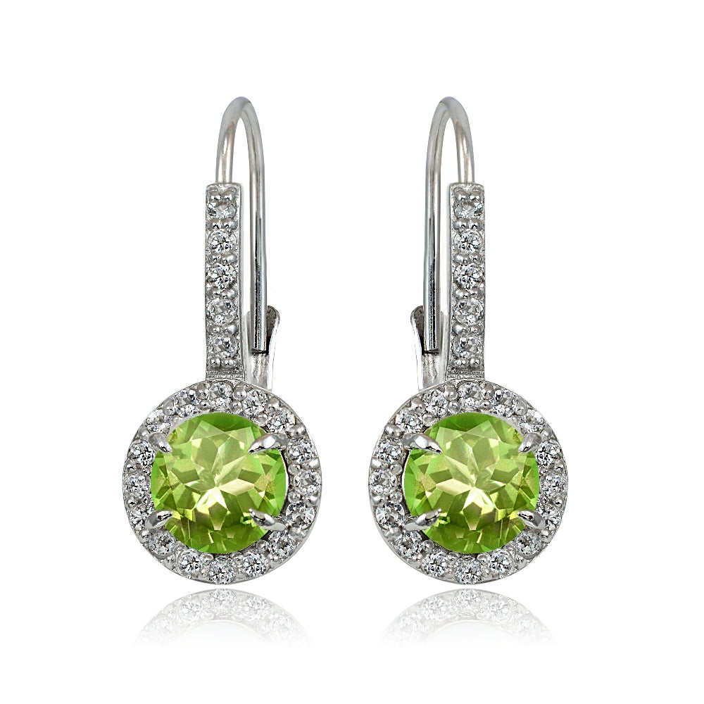 Sterling Silver Peridot and White Topaz Round Leverback Earrings-2