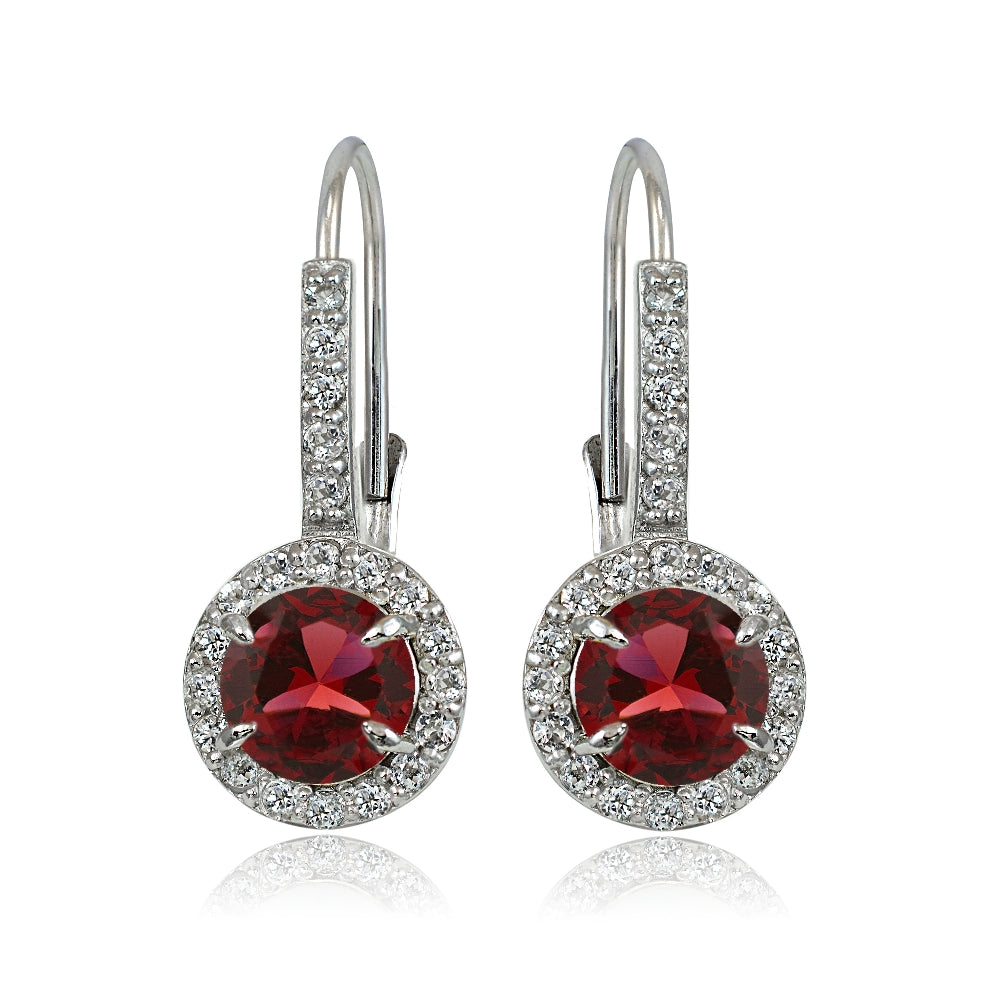 Sterling Silver Created Ruby and White Topaz Round Leverback Earrings-2