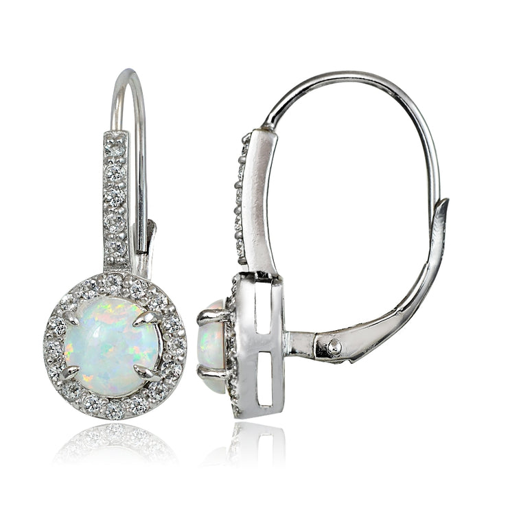 Sterling Silver Created White Opal and White Topaz Round Leverback Earrings
