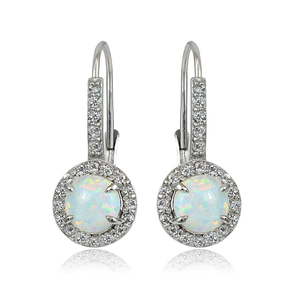 Sterling Silver Created White Opal and White Topaz Round Leverback Earrings-2