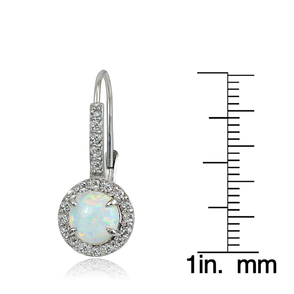 Sterling Silver Created White Opal and White Topaz Round Leverback Earrings-4