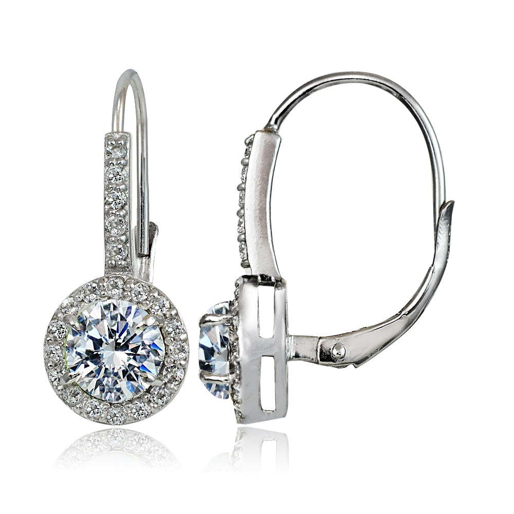 Sterling Silver Cubic Zirconia Round Leverback Earrings