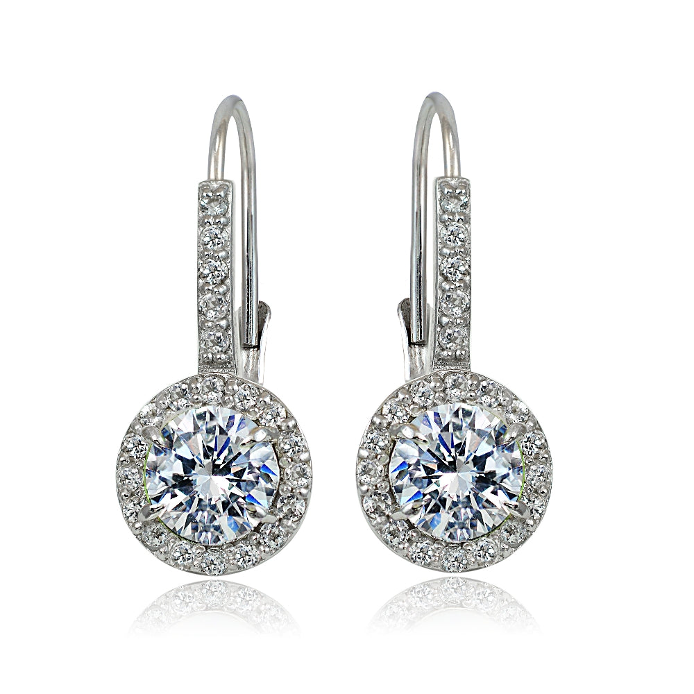 Sterling Silver Cubic Zirconia Round Leverback Earrings-2