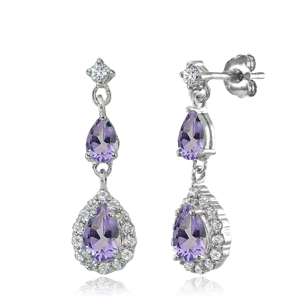 Sterling Silver Amethyst and White Topaz Fashion Teardrop Dangle Earrings
