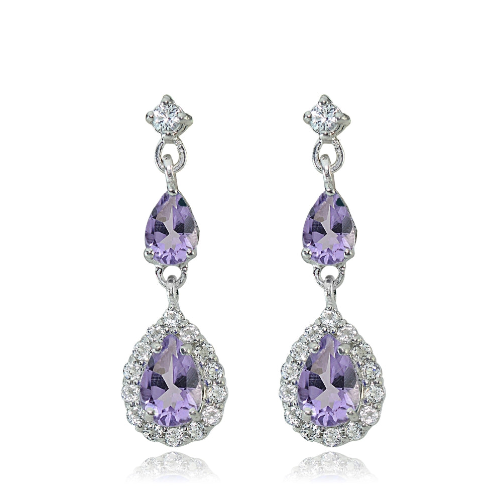 Sterling Silver Amethyst and White Topaz Fashion Teardrop Dangle Earrings-2