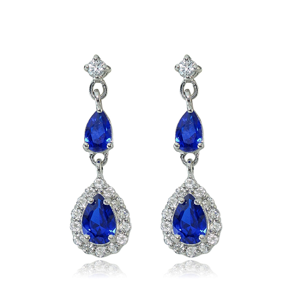 Sterling Silver Created Blue Sapphire and White Topaz Fashion Teardrop Dangle Earrings-2