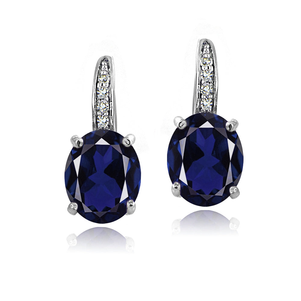 Sterling Silver 5ct Created Blue Sapphire & White Topaz Oval Leverback Earrings-2