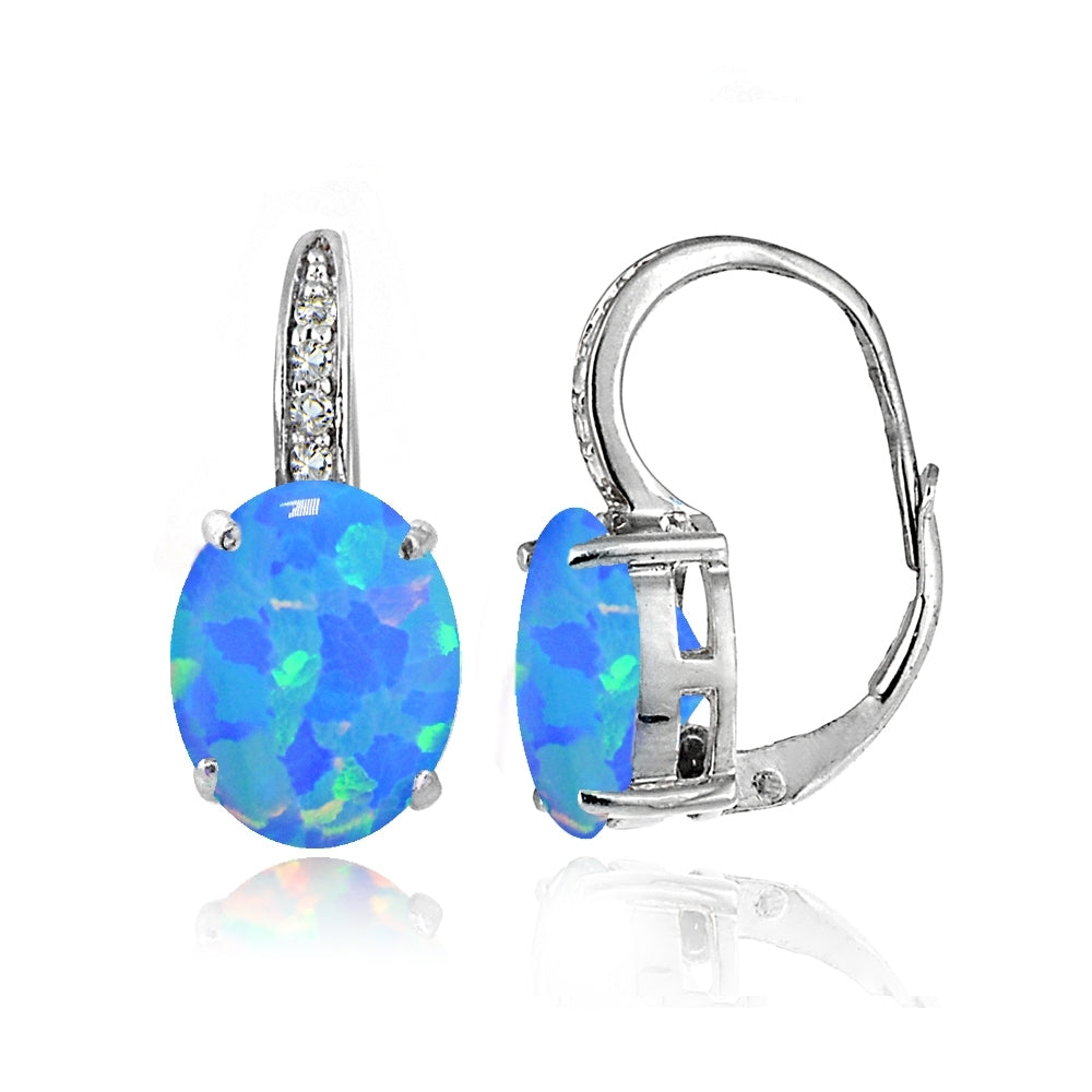 Sterling Silver Created Blue Opal and White Topaz Oval Leverback Earrings