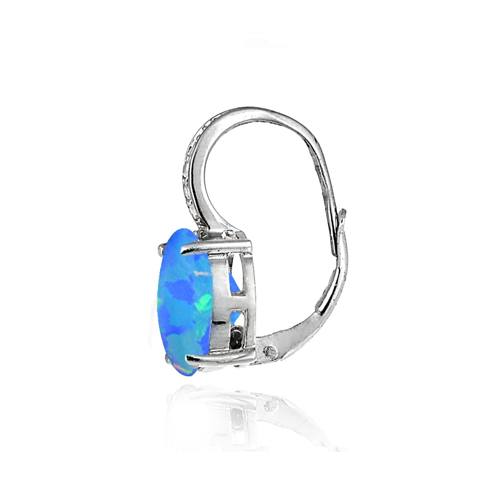 Sterling Silver Created Blue Opal and White Topaz Oval Leverback Earrings-2