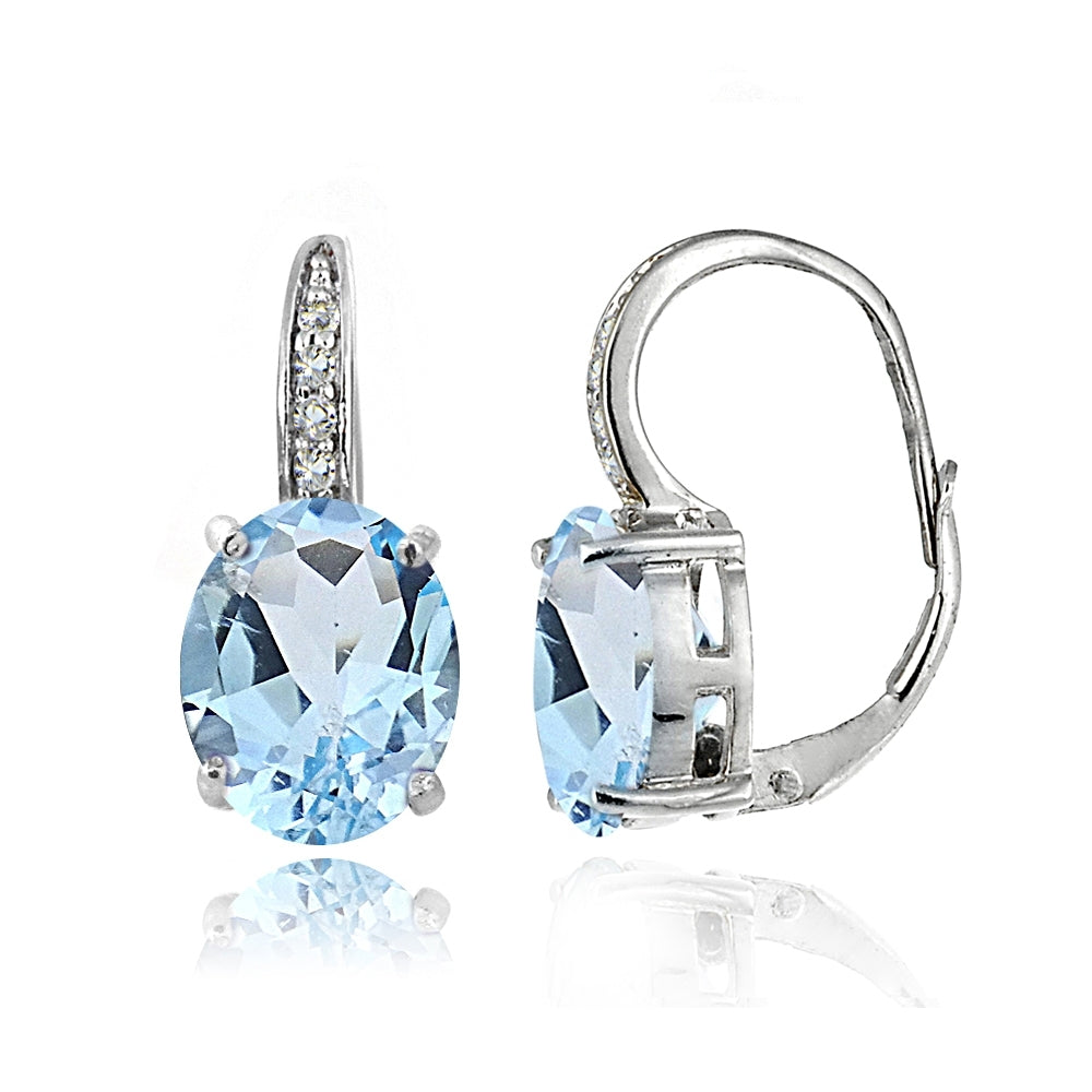 Sterling Silver 5.4ct Blue Topaz & White Topaz Oval Leverback Earrings