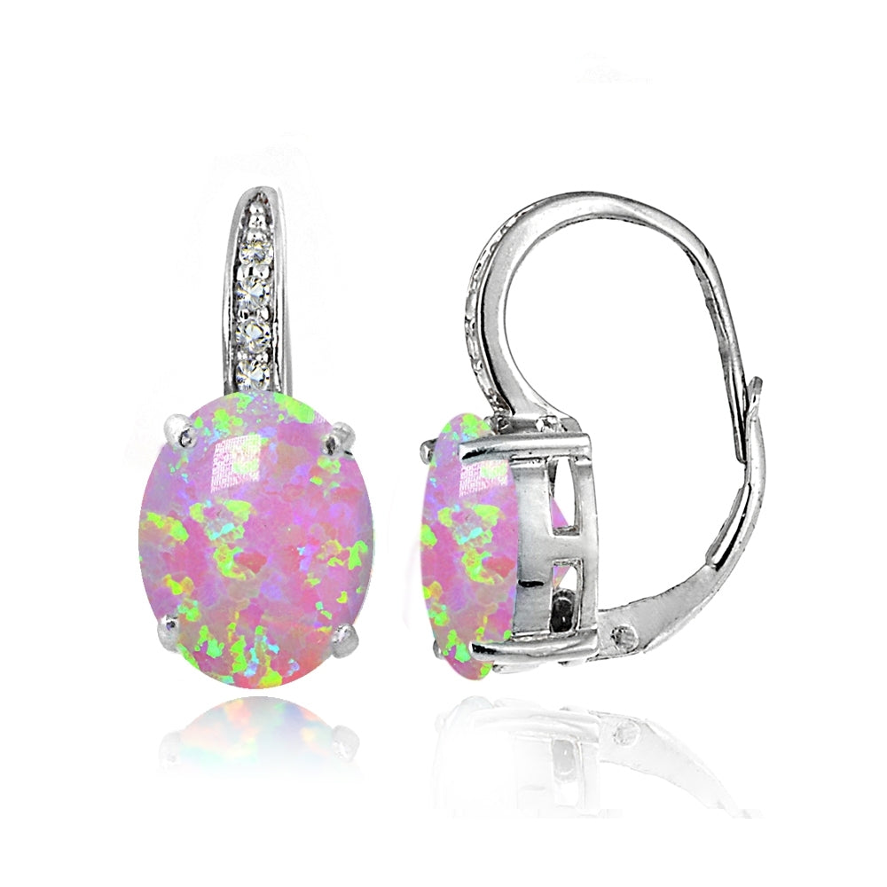 Sterling Silver Created Pink Opal and White Topaz Oval Leverback Earrings