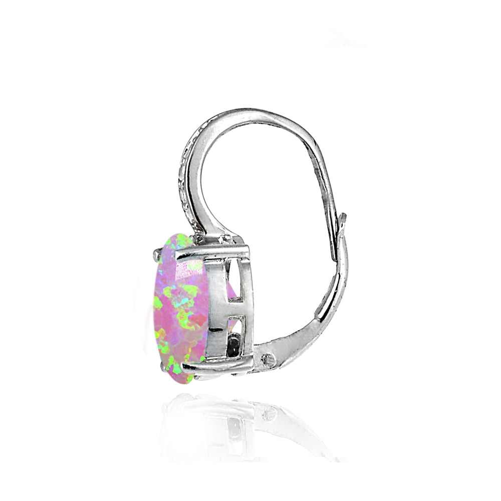 Sterling Silver Created Pink Opal and White Topaz Oval Leverback Earrings-2