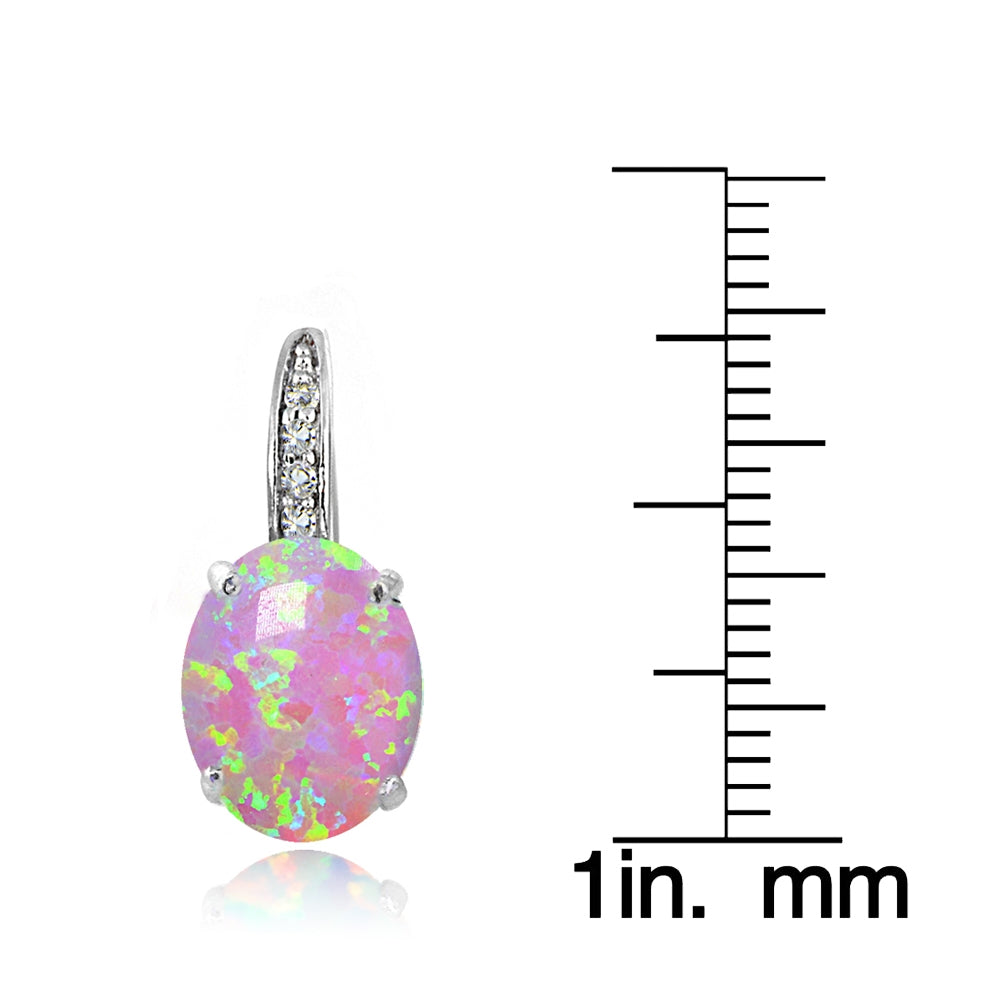 Sterling Silver Created Pink Opal and White Topaz Oval Leverback Earrings-3