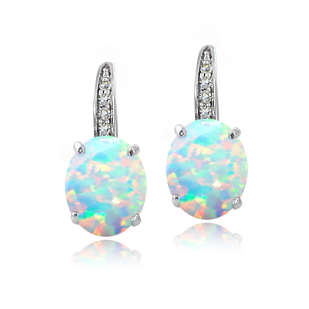 Sterling Silver Created White Opal & White Topaz Oval Leverback Earrings-2
