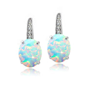 Sterling Silver Created White Opal & White Topaz Oval Leverback Earrings