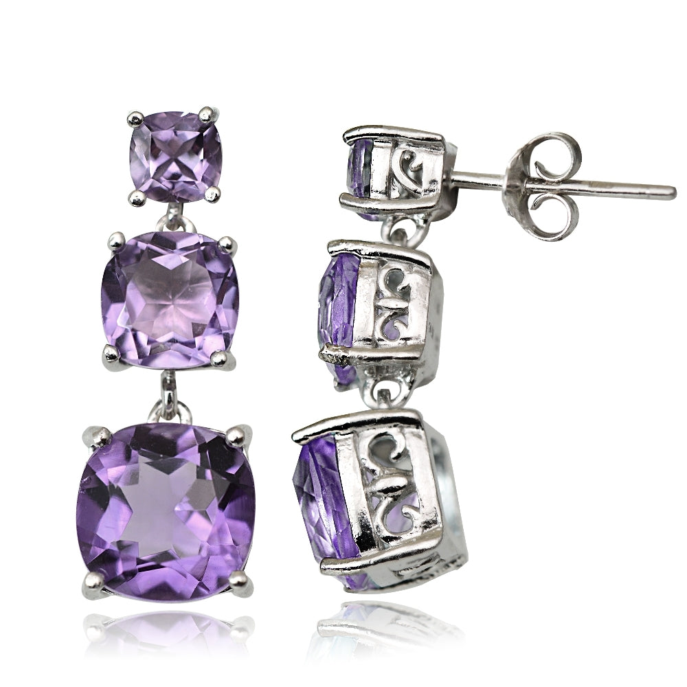 Sterling Silver 6ct Amethyst Three Stone Cushion-Cut Drop Earrings