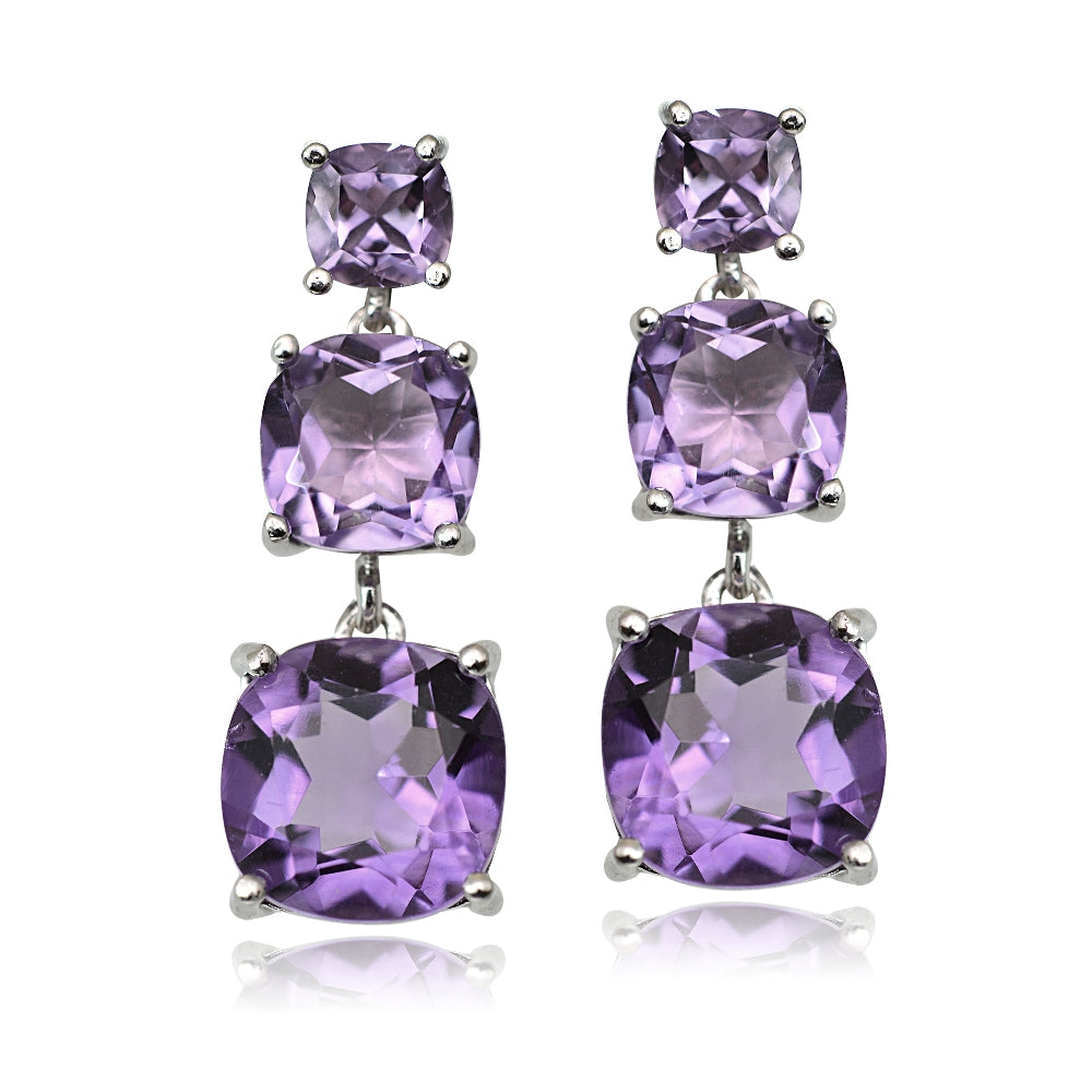 Sterling Silver 6ct Amethyst Three Stone Cushion-Cut Drop Earrings-2