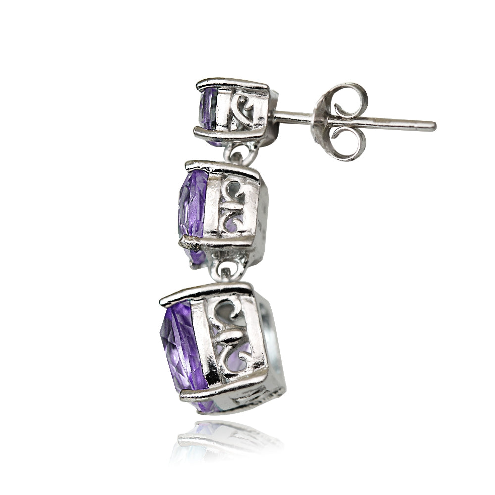 Sterling Silver 6ct Amethyst Three Stone Cushion-Cut Drop Earrings-3