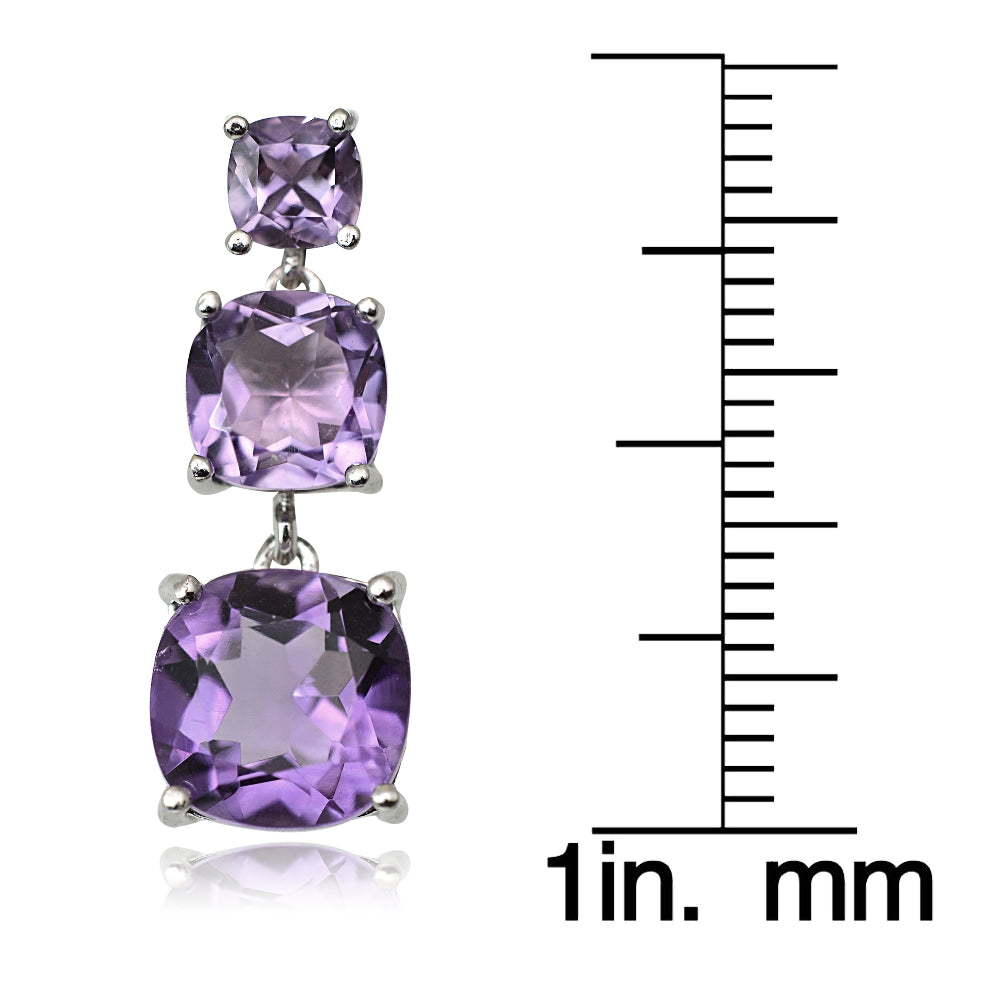 Sterling Silver 6ct Amethyst Three Stone Cushion-Cut Drop Earrings-4