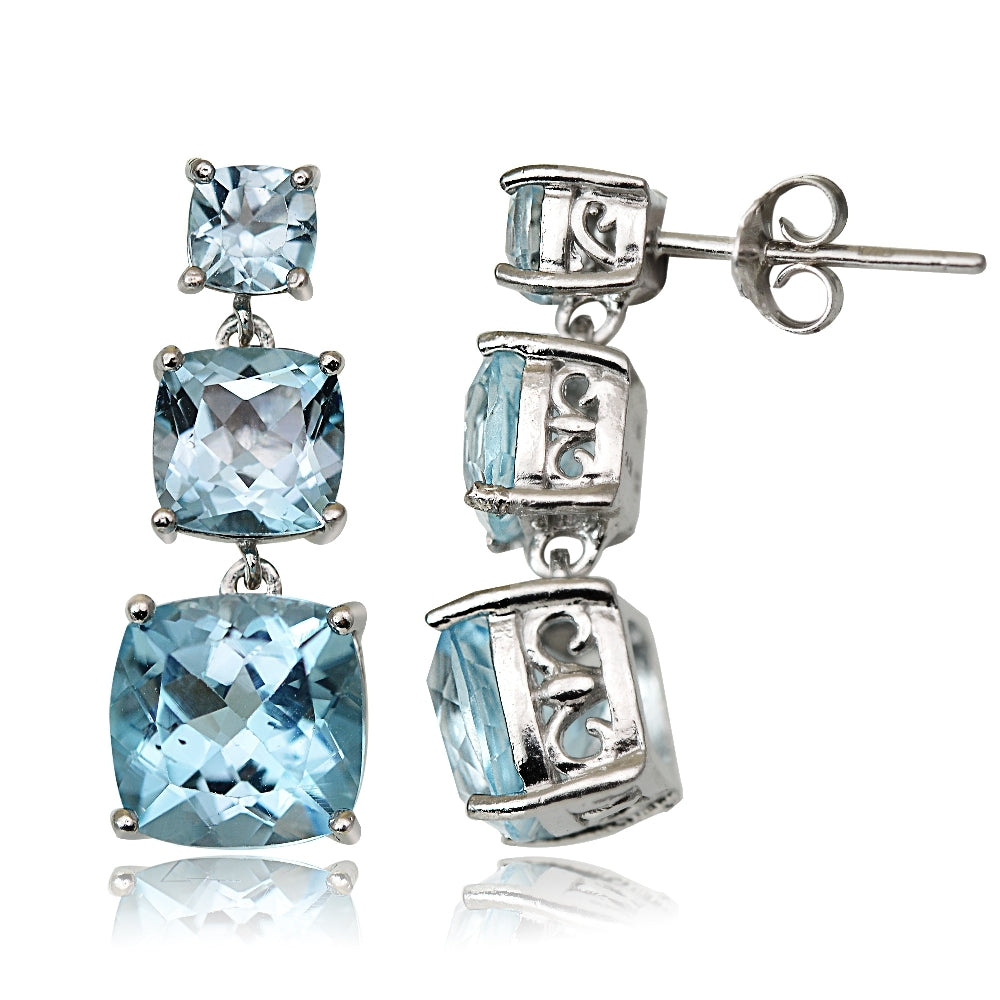 Sterling Silver 6.8ct Blue Topaz Three Stone Cushion-Cut Drop Earrings