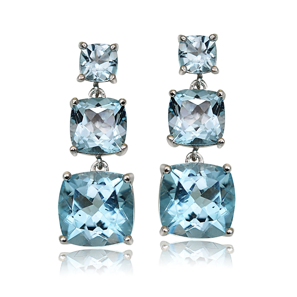 Sterling Silver 6.8ct Blue Topaz Three Stone Cushion-Cut Drop Earrings-2