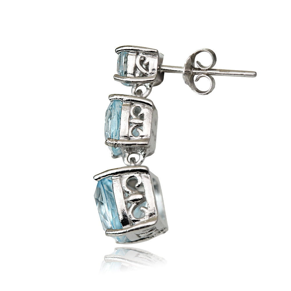 Sterling Silver 6.8ct Blue Topaz Three Stone Cushion-Cut Drop Earrings-3