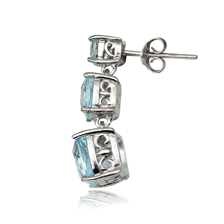 Sterling Silver 6.8ct Blue Topaz Three Stone Cushion-Cut Drop Earrings