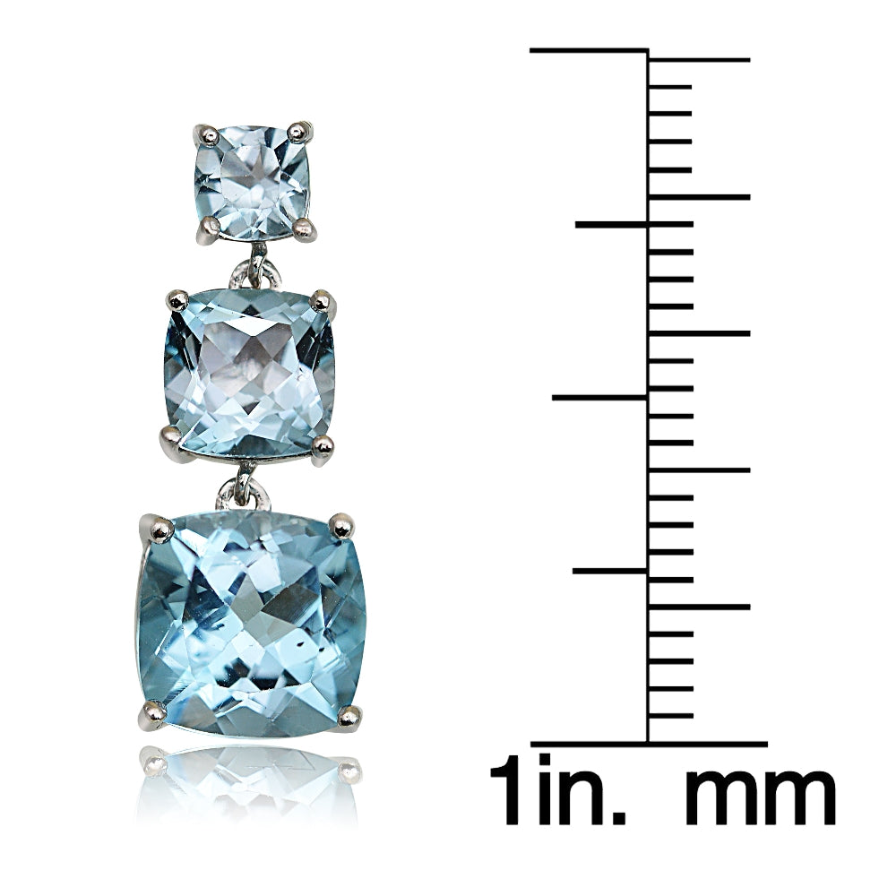 Sterling Silver 6.8ct Blue Topaz Three Stone Cushion-Cut Drop Earrings-4