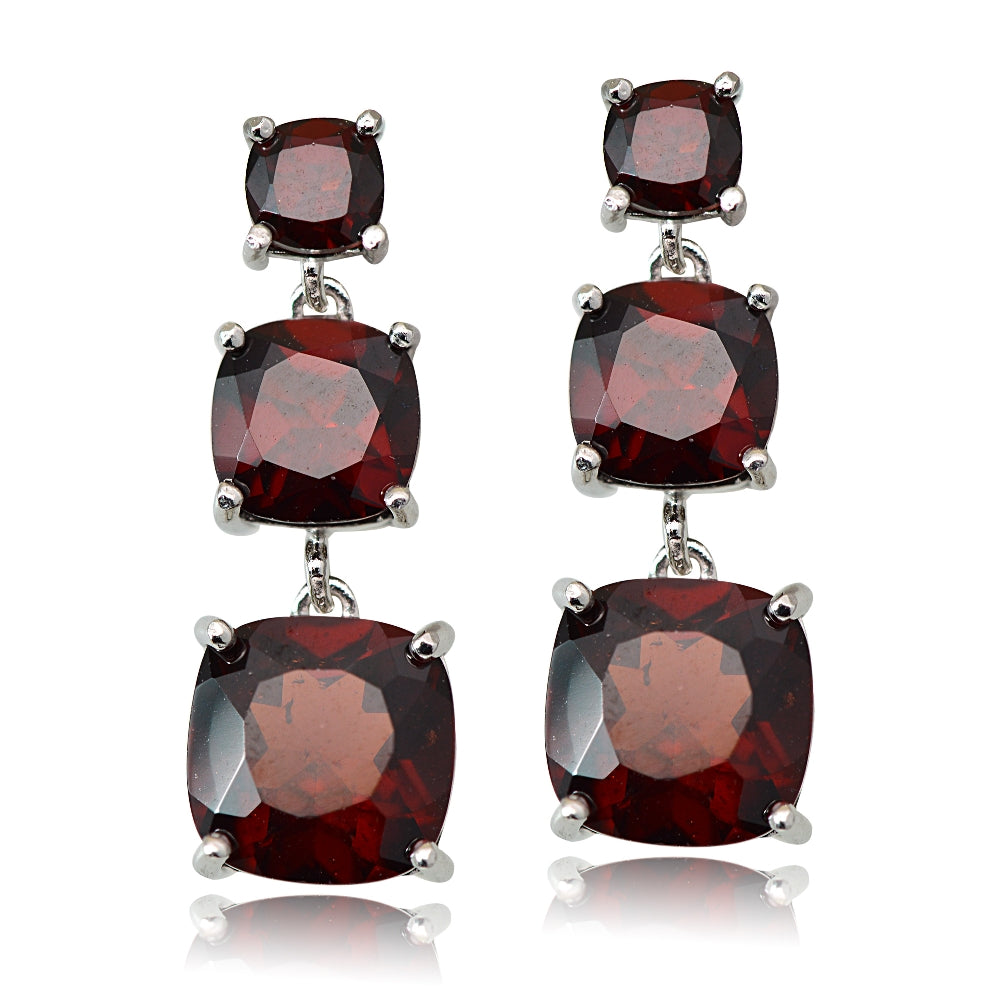 Sterling Silver 8.1ct Garnet Three Stone Cushion-Cut Drop Earrings-2