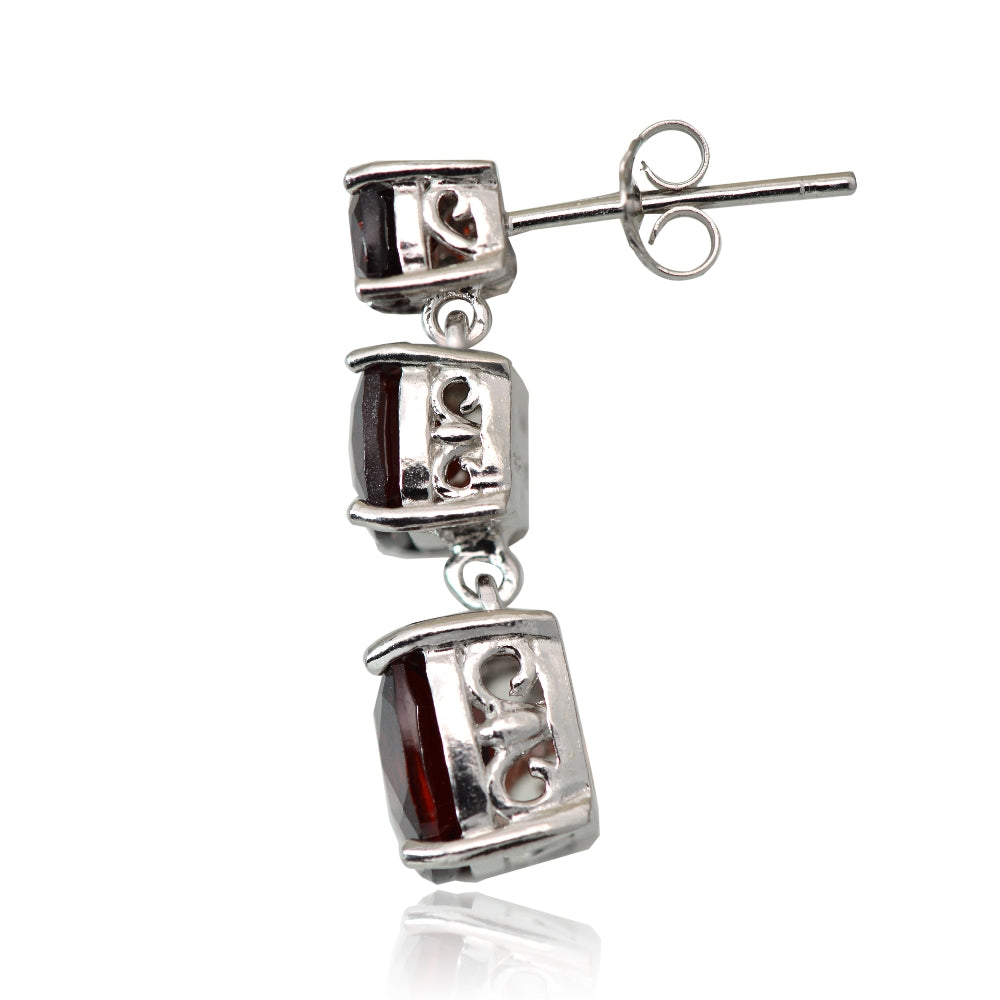 Sterling Silver 8.1ct Garnet Three Stone Cushion-Cut Drop Earrings-3
