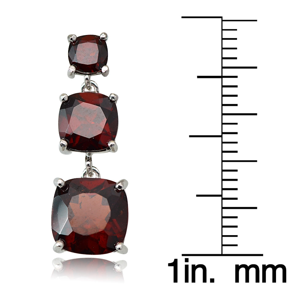 Sterling Silver 8.1ct Garnet Three Stone Cushion-Cut Drop Earrings-4